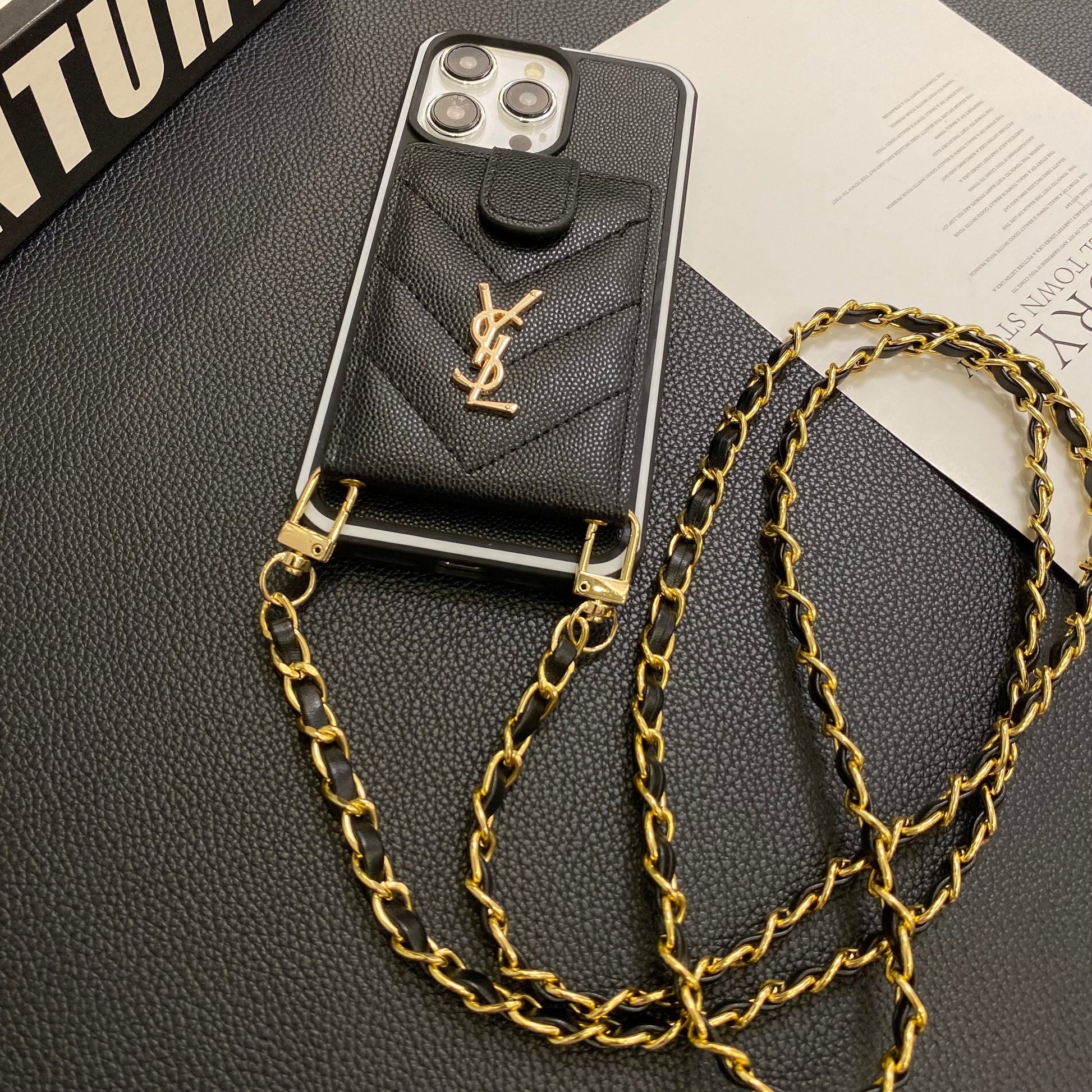 CASE YSL  LONG ROPE LEATHER CARD HOLDER FOR IPHONE 16 15 14