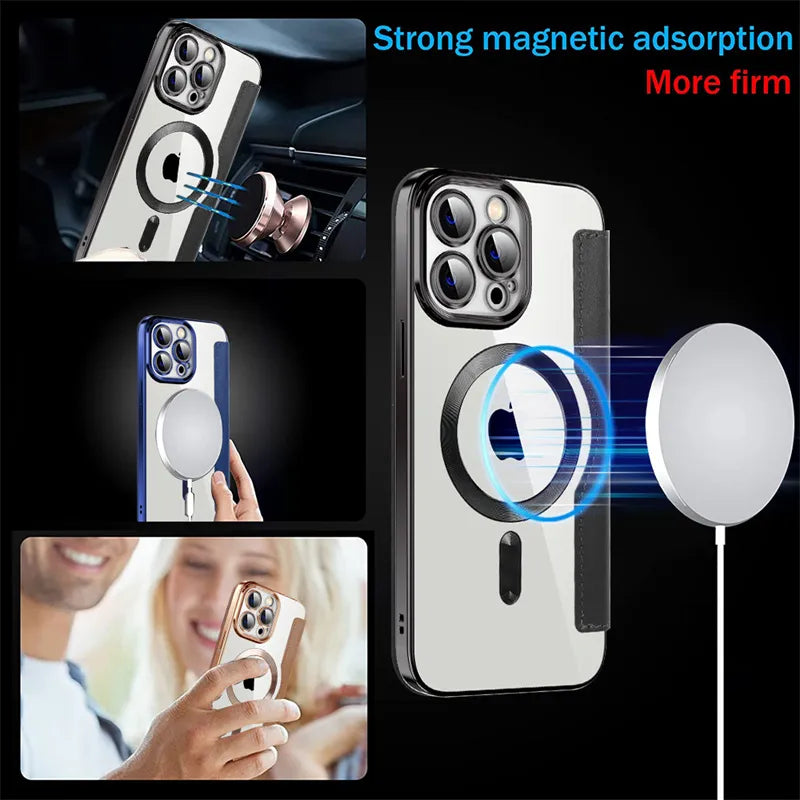 LEATHER CASE MAGNETIC CHARGING FLIP CAE FOR IPHONE